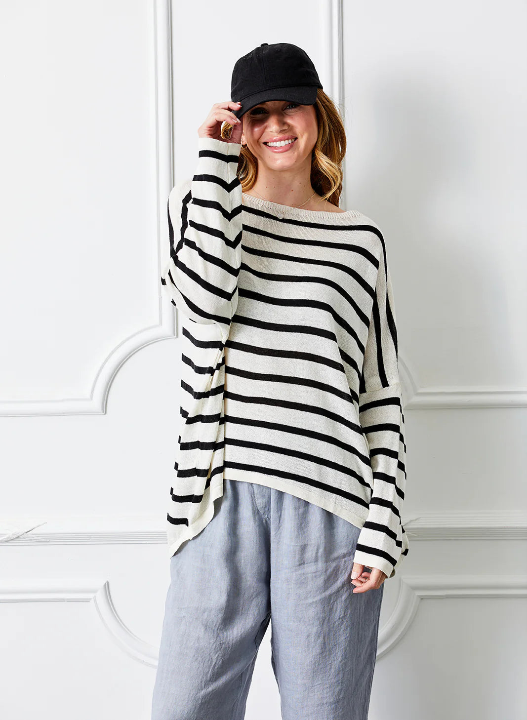 Fayola Stripe Slash Neck Oversize Knit | Cream & Black
