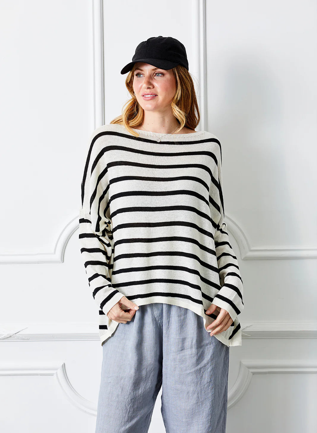 Fayola Stripe Slash Neck Oversize Knit | Cream & Black