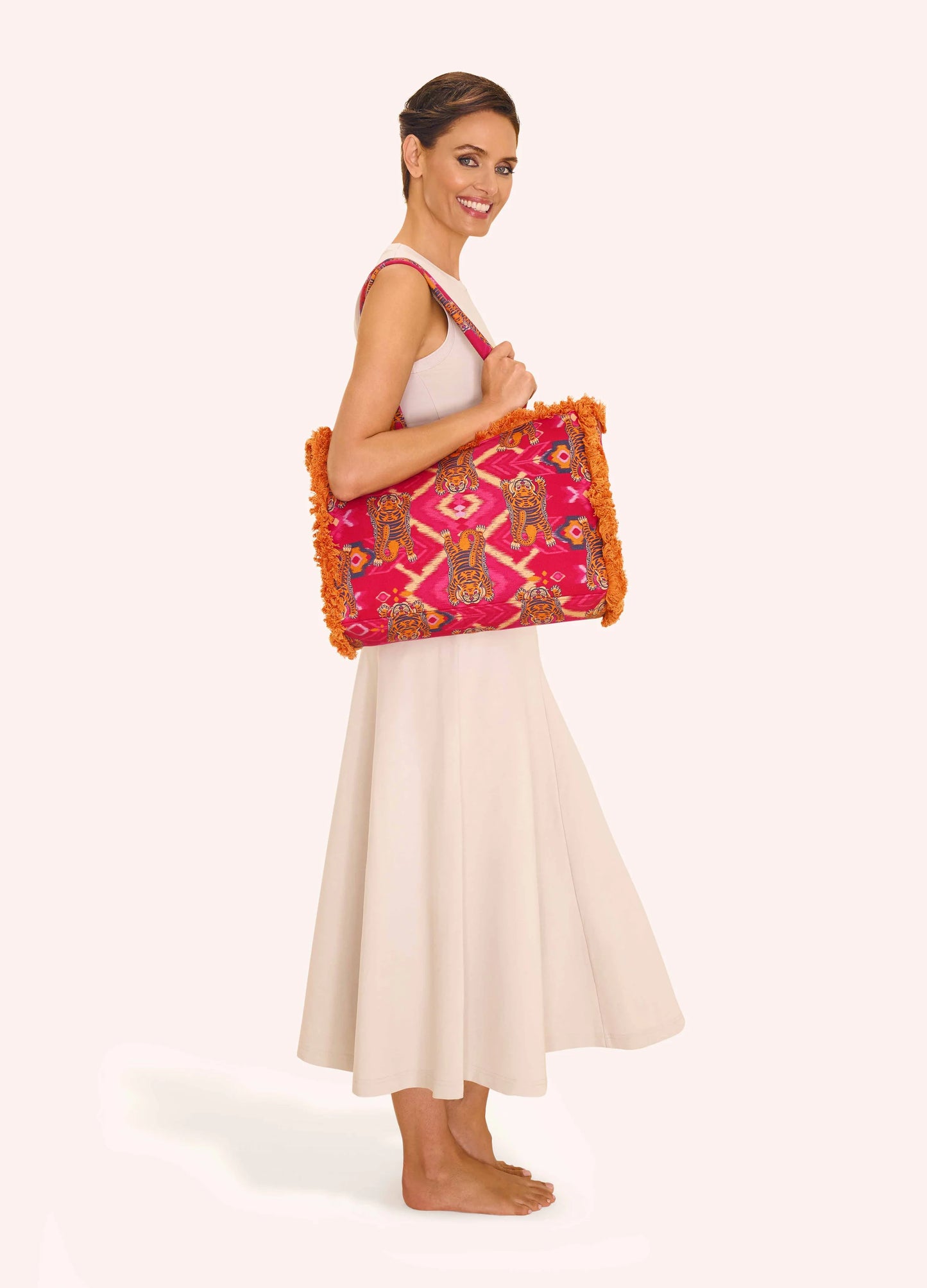 Fringed Box Tote Bag | Ikat Tiger Fuchsia