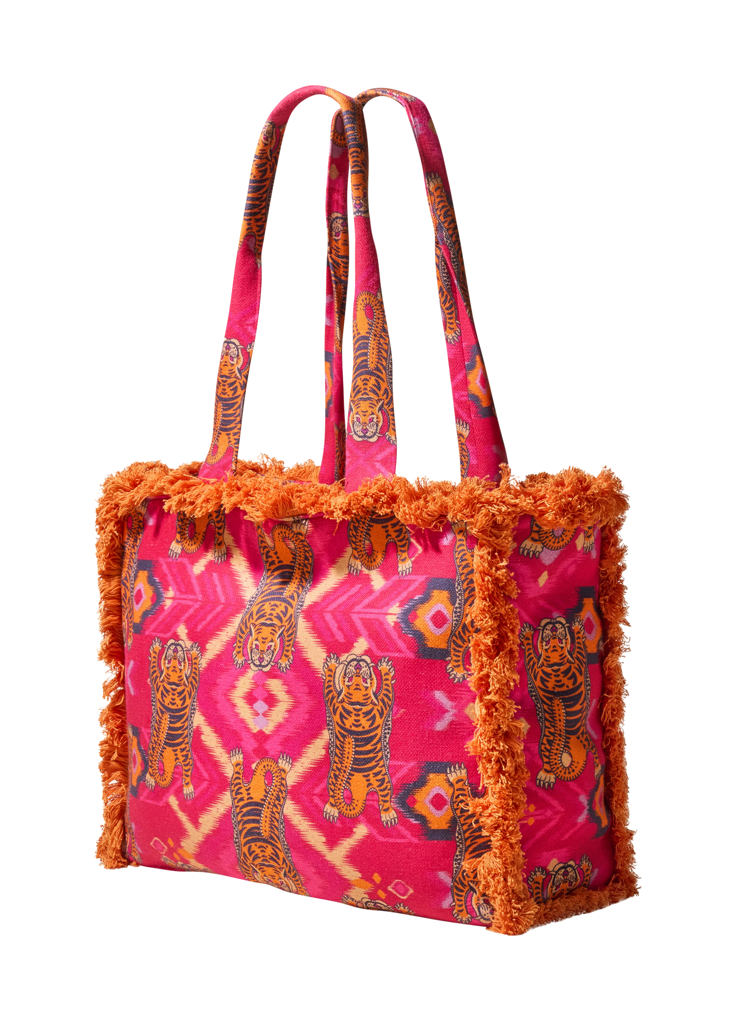 Fringed Box Tote Bag | Ikat Tiger Fuchsia