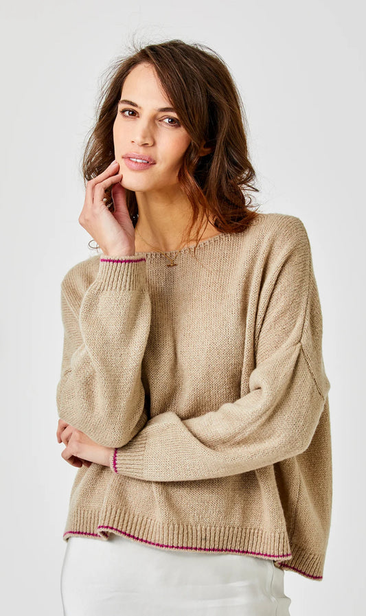 Lauretta Fluffy Oversize Contrast Trim Knit | Beige