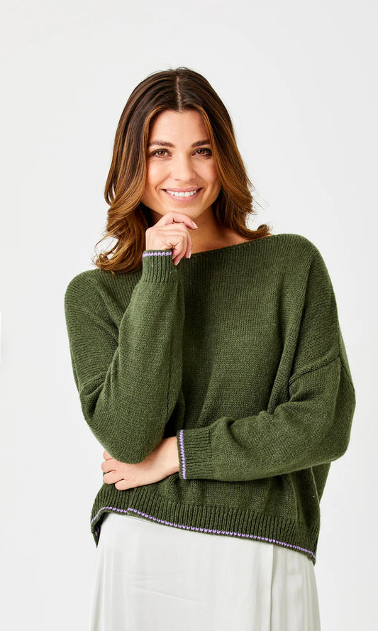 Lauretta Fluffy Oversize Contrast Trim Knit | Army