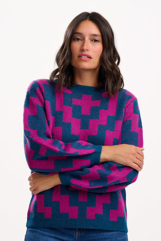 Sugarhill Essie Jumper | Teal & Pink Folk Diamond