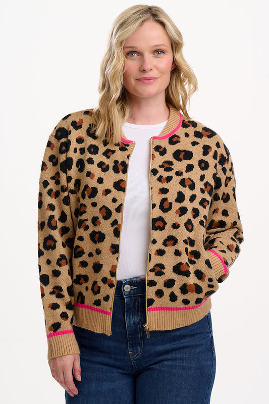 Sugarhill Solana Knitted Bomber | Tan & Black Natural Leopard