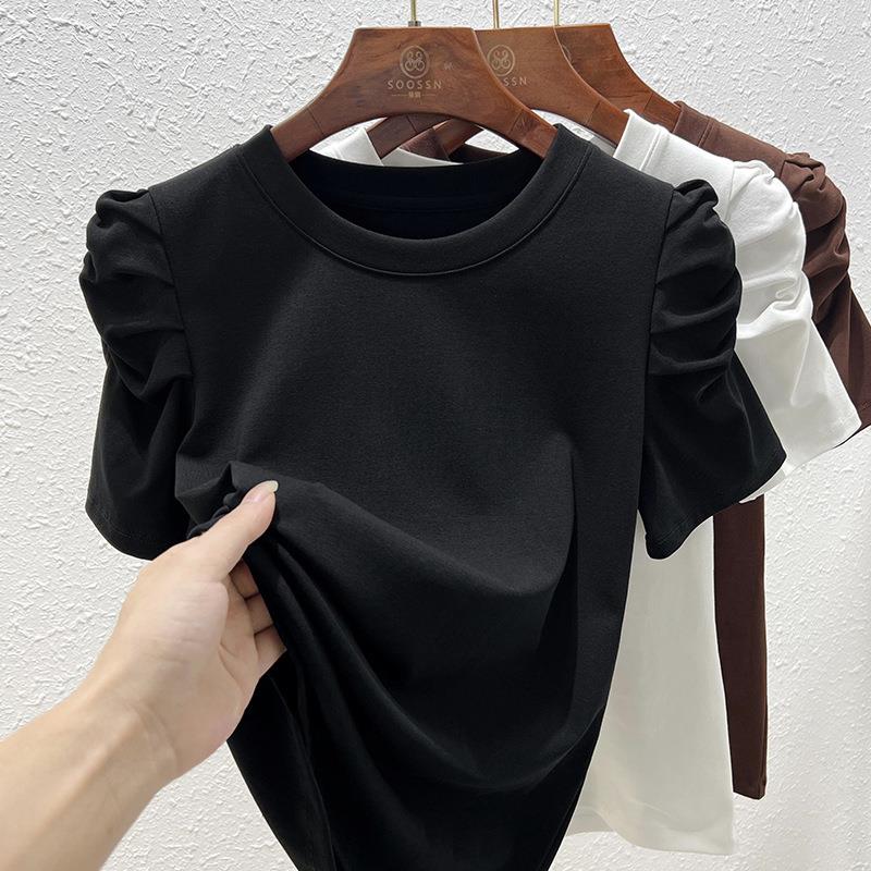 T-Shirt Top with Ruched Sleeves | Black