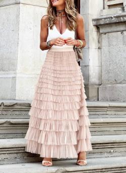 Maxi Tiered Frilled Skirt | Soft Pink