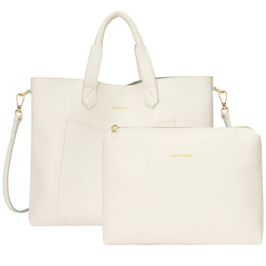 Every Other Twin Pocketed Toe bag with Handles, detachable strap and additional zipped pouch in off white