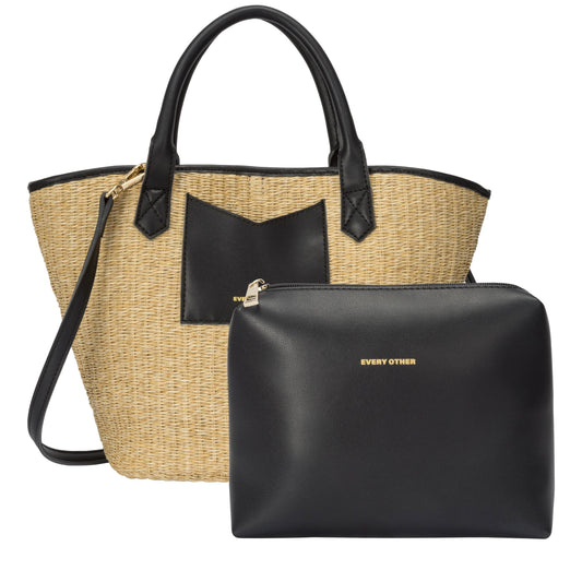 Every Other Black and Straw Coloured  Large Basket Tote with additional pouch with zip