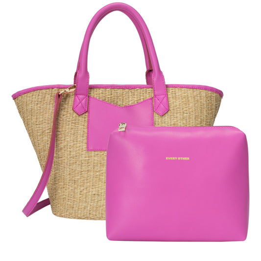 Every Other Fuchsia and Straw Coloured Large Basket Tote with Additional Pouch with Zip