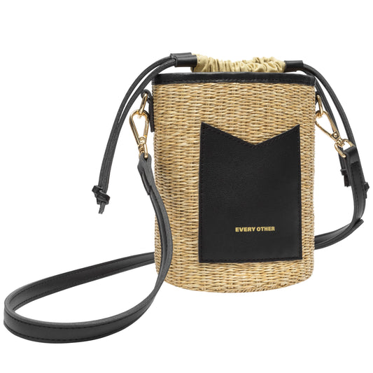 Every Other Black and Straw coloured Cylindrical Drawstring Basket Bag with detachable strap