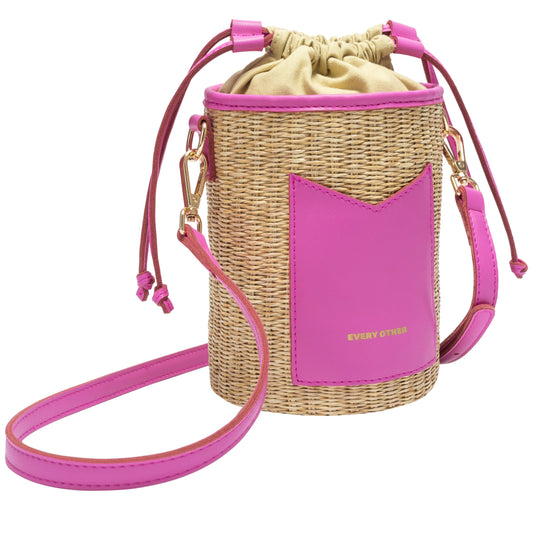 Every Other Fuchsia and Straw Coloured Cylindrical Drawstring Basket Bag with Detachable Strap