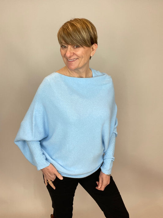 Asymmetric Draped Soft Knitted Jumper in pale blue