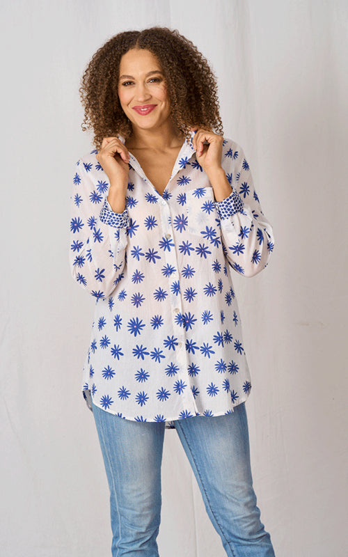 Luella Amalfi Cotton Printed Pattern Boyfriend fit Shirt in Blue
