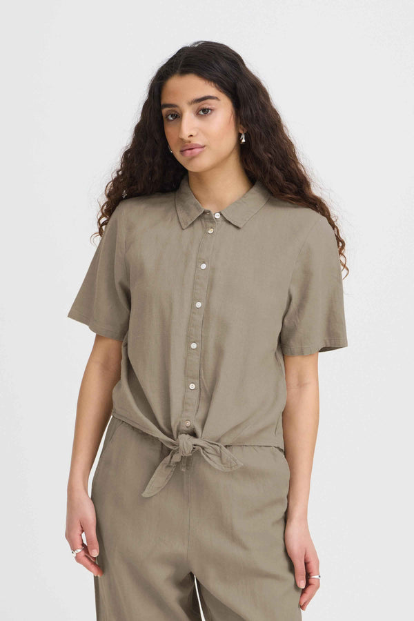 ICHI Linno Linen Tie Shirt | Timber Wolf