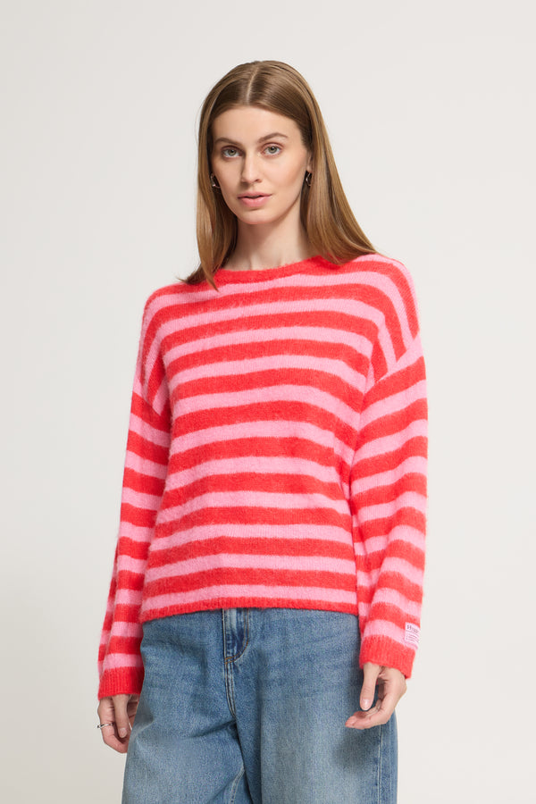 ICHI Blush Long Sleeve Jumper | Poinsettia with Pink Stripe