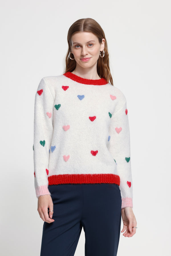 ICHI Belablue Long Sleeve Pullover | Cloud Dancer with Hearts