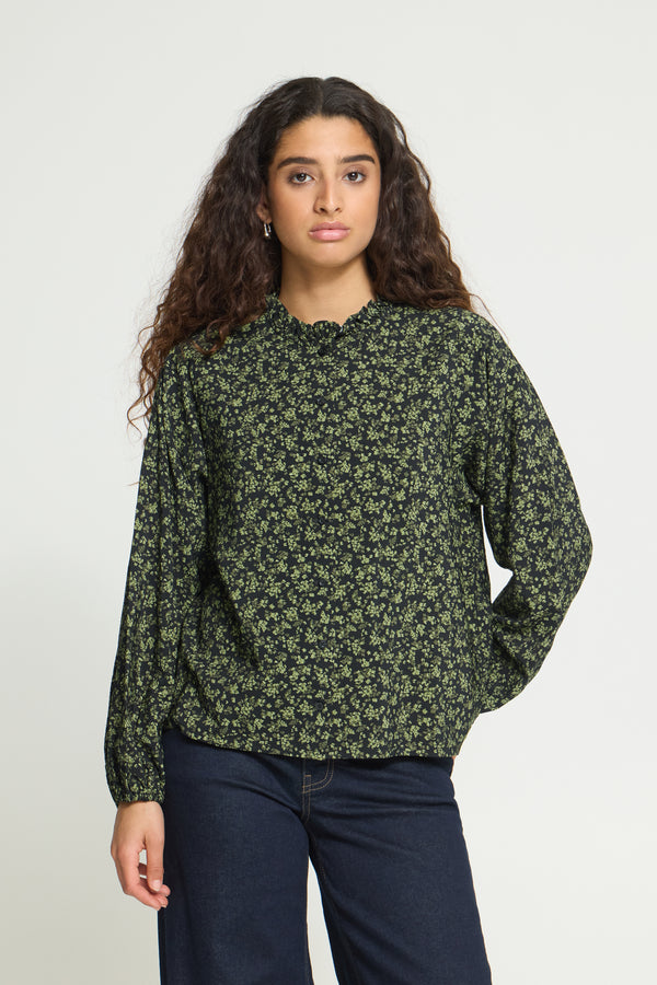 ICHI Gilvis Shirt | Black/Green Flower