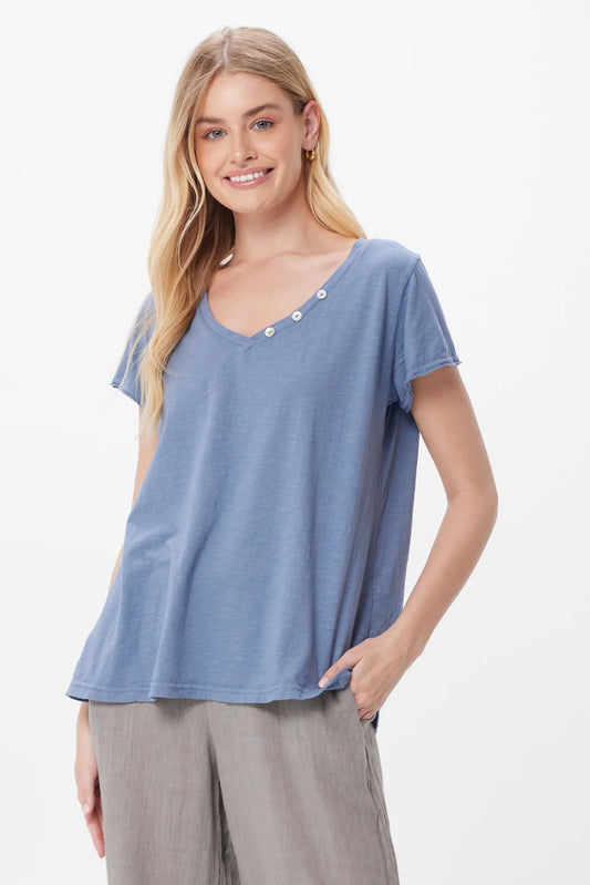 Suzy V-Neck Tee with 3 Button Detail in Jeans