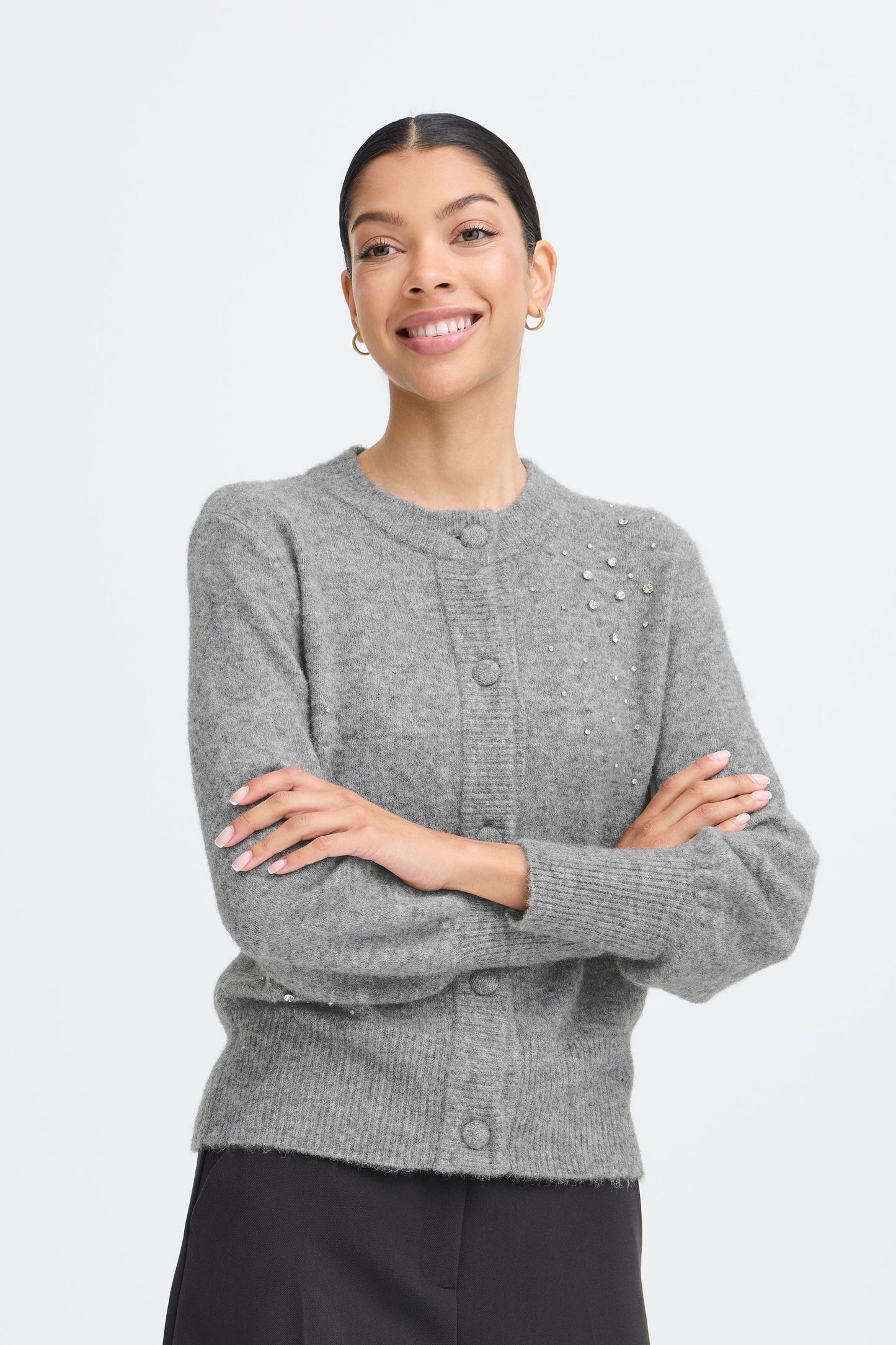 B Young Byomea Rhinestone Cardigan | Mid Grey Melange