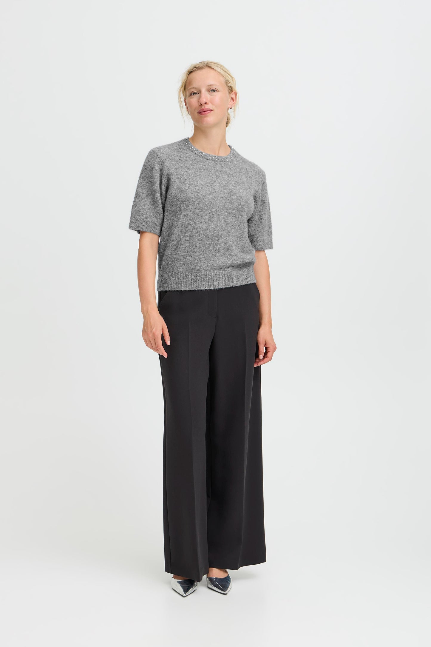 Byomea Rhinestone Short Sleeve Jumper | Mid Grey Melange