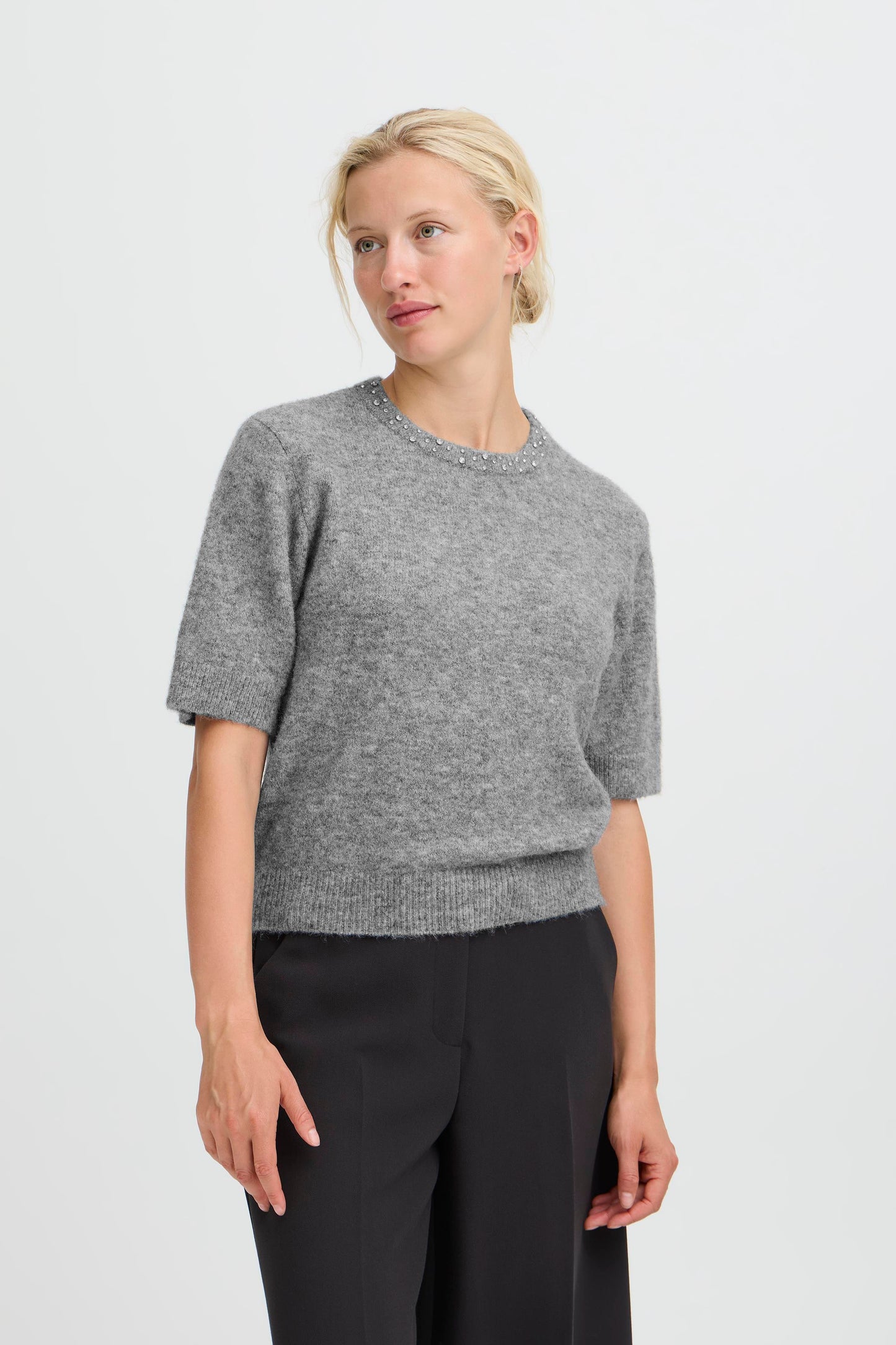 Byomea Rhinestone Shirt Sleeve Jumper | Mid Grey Melange