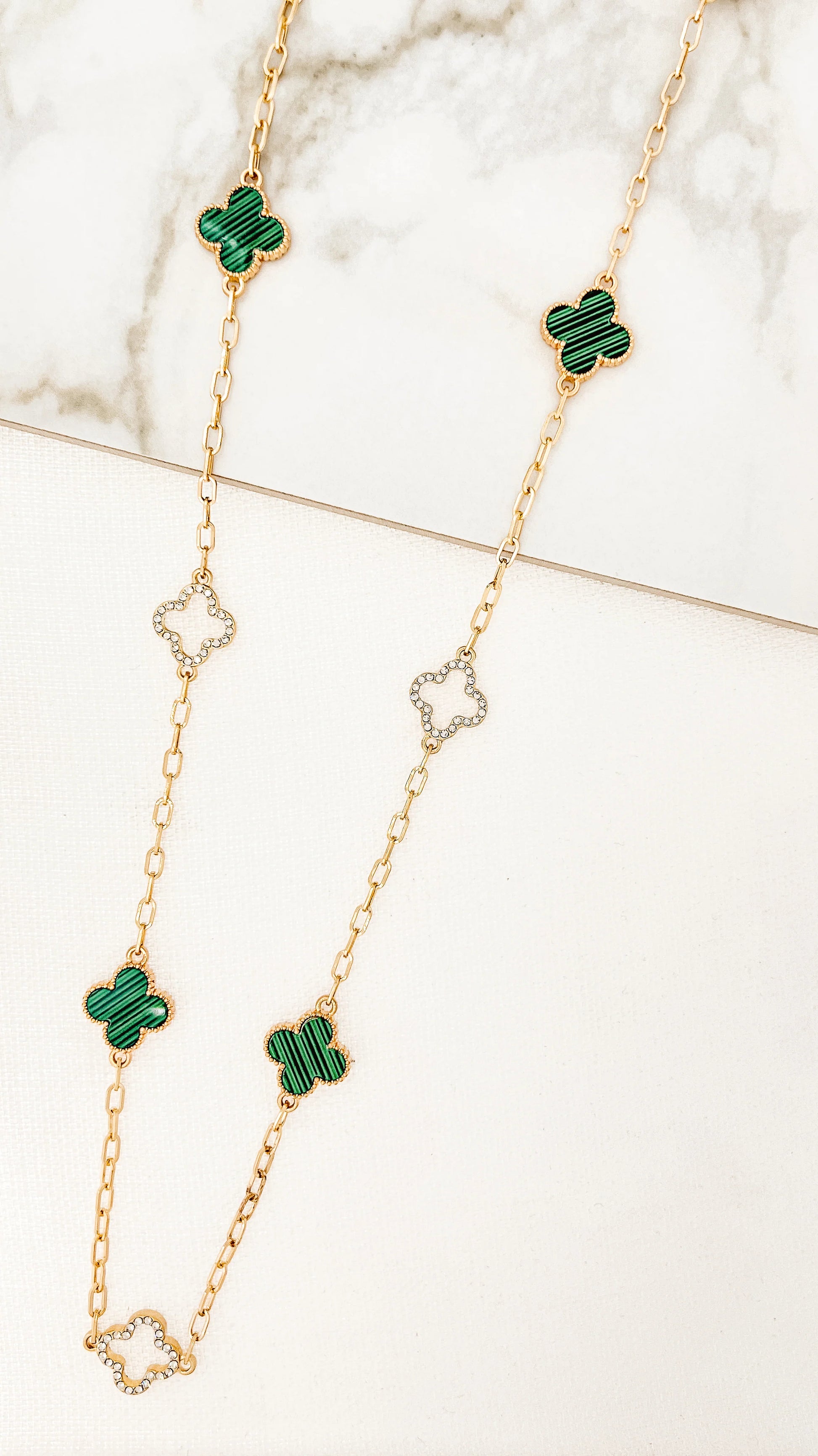 Envy Long Gold Necklace with Diamante and Green Clovers