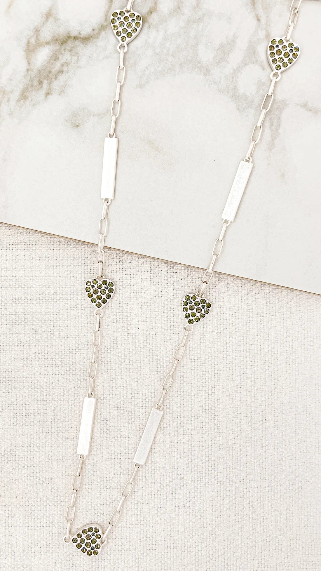 Envy Long Silver Necklace with Diamante Hearts