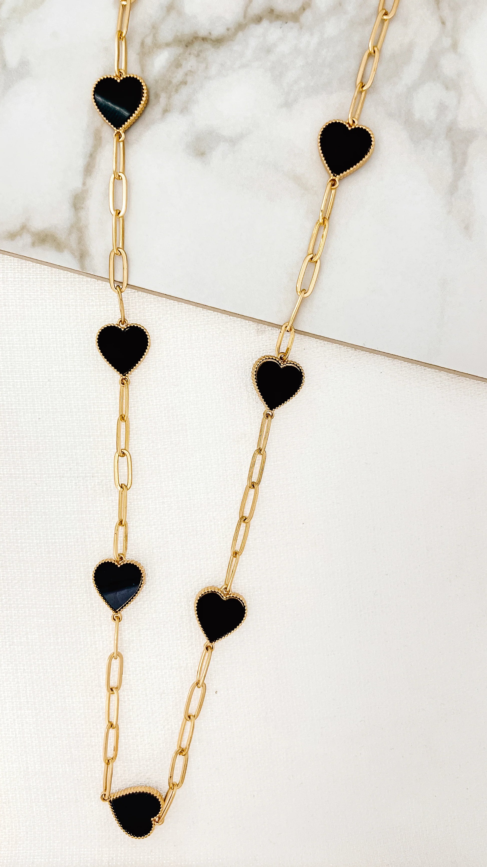 Envy Long Gold Necklace with Black Hearts