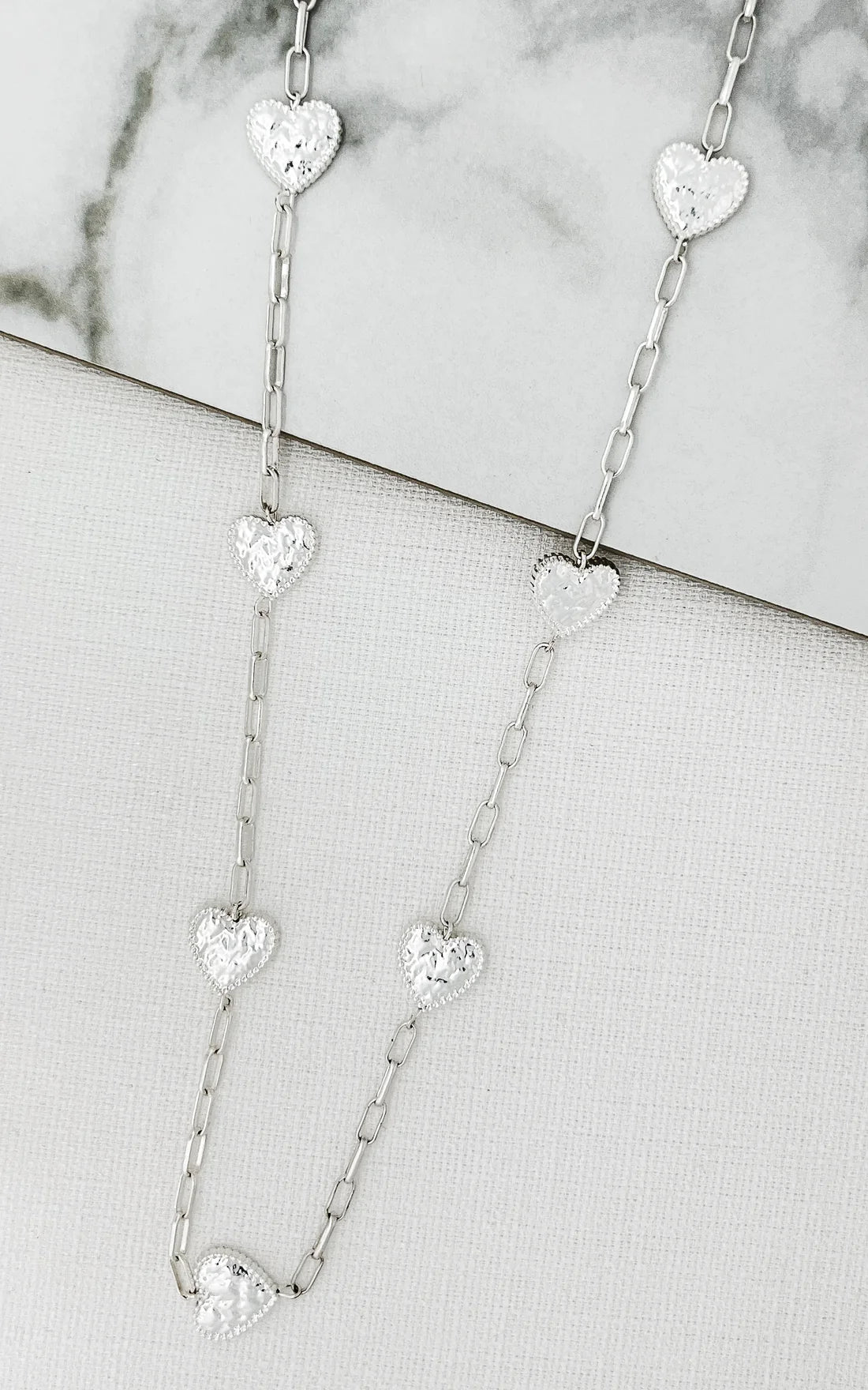 Envy Long Silver Necklace with Silver Hearts