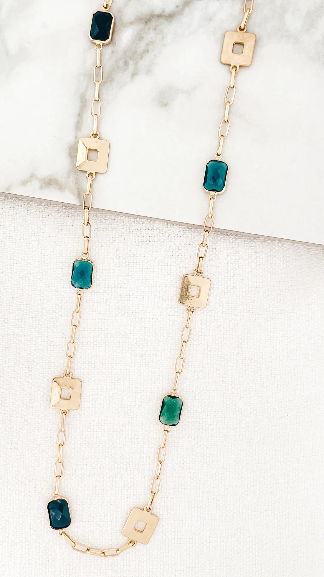 Envy Gold Square Necklace with Green, Blue and Black Crystals