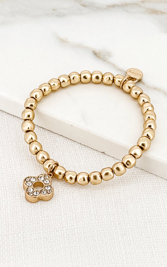 Envy Gold Bead Stretch Bracelet with Diamante Open Clover