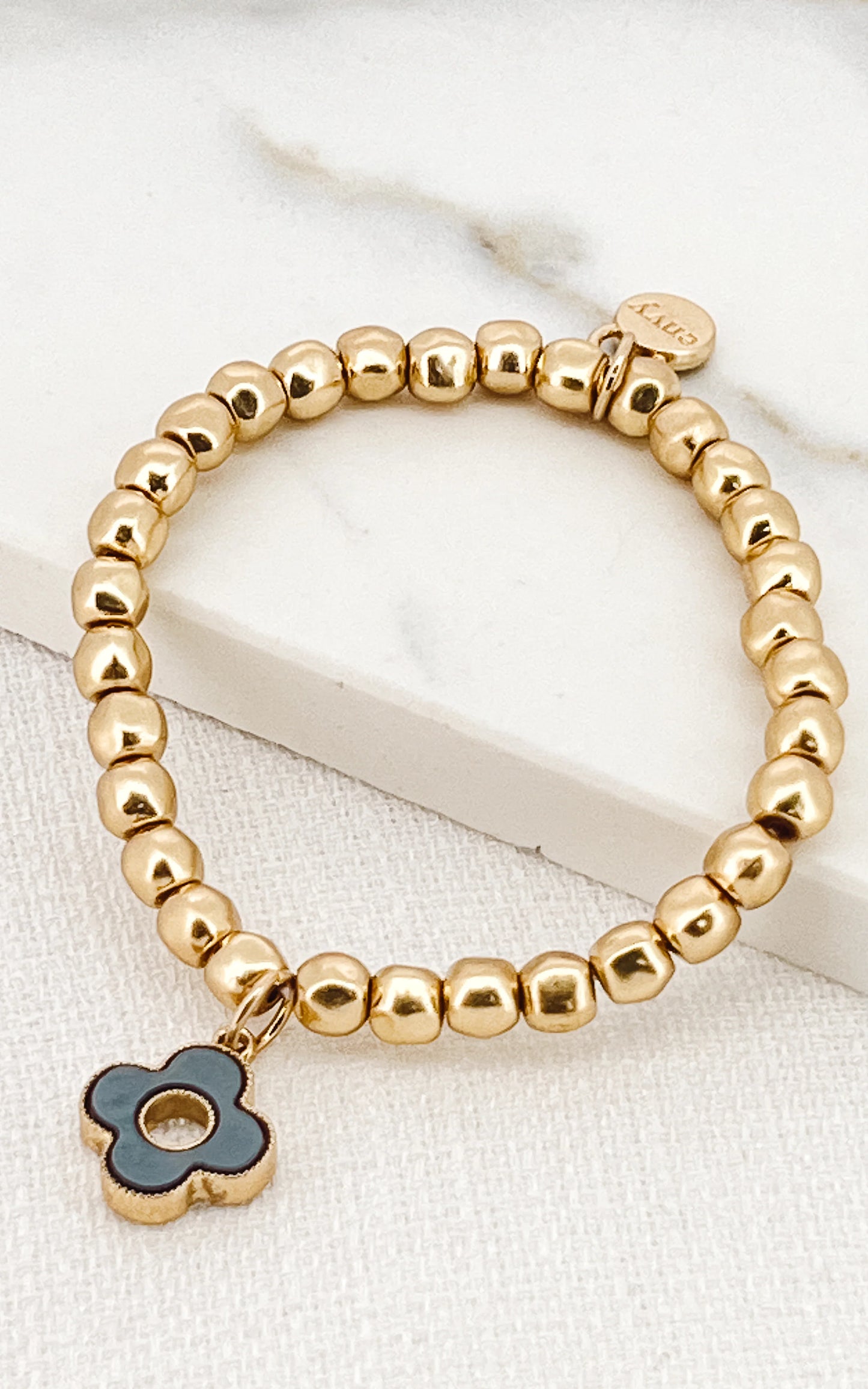 Envy Gold Bead Stretch Bracelet with Grey Open Clover