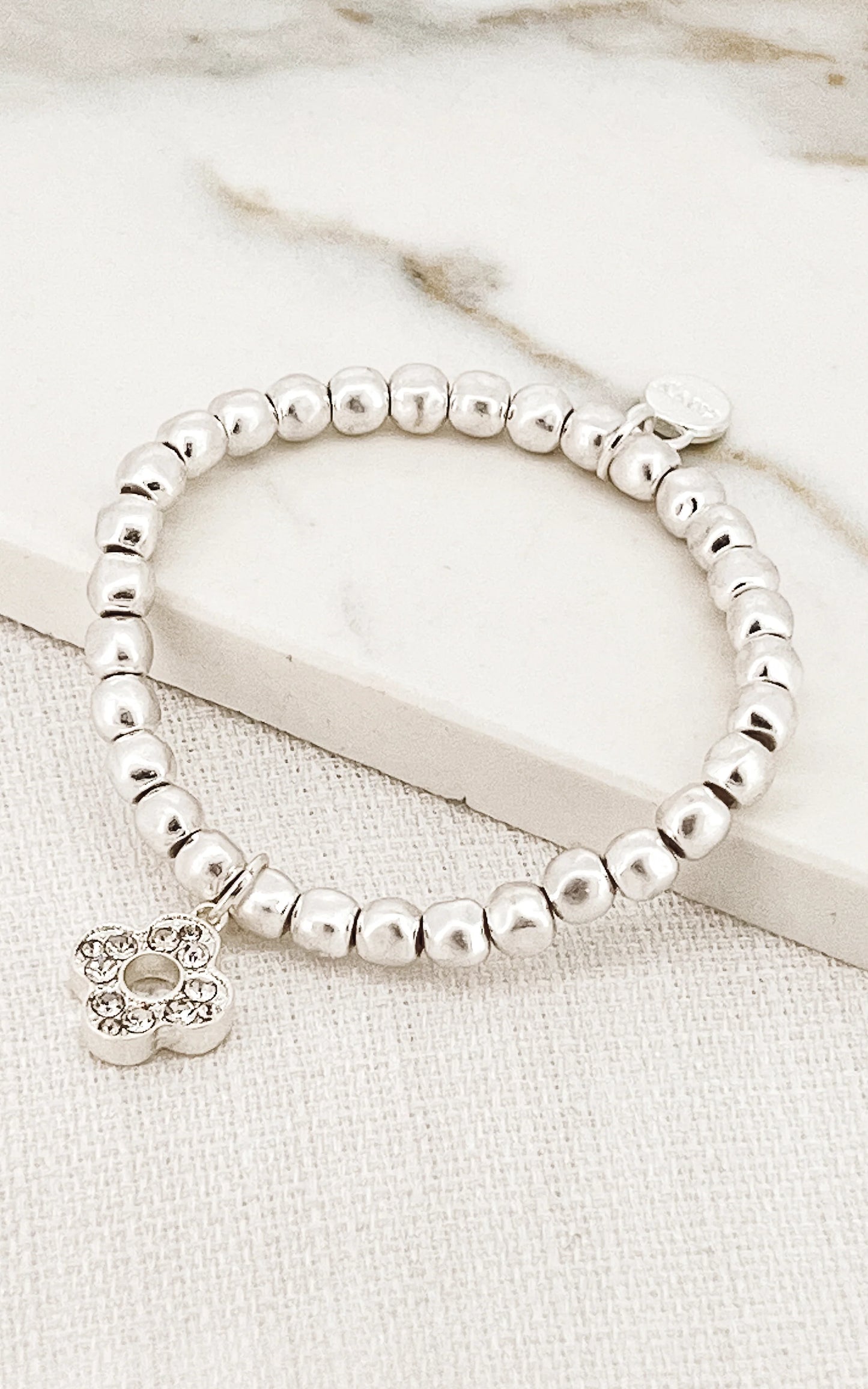 Envy Silver Bead Stretch Bracelet with Diamante Open Clover