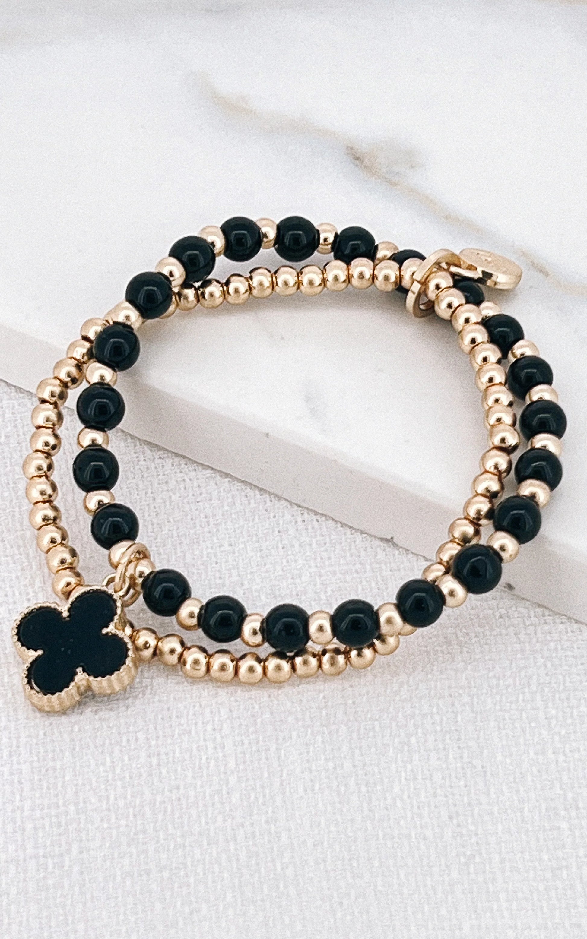 Envy Gold Bead Double Layer Stretch Bracelet with Black Clover