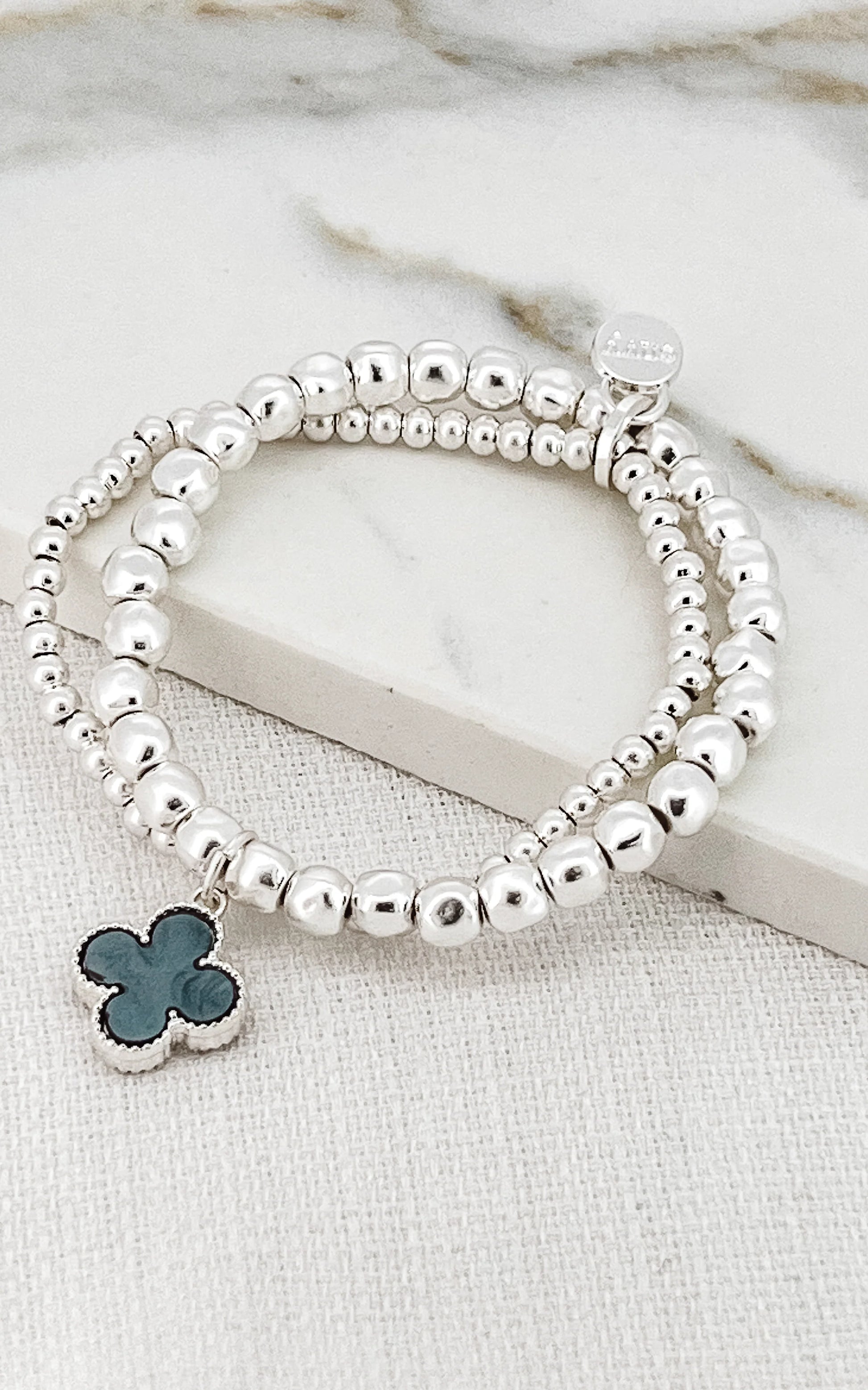 Envy Silver Bead Double Layer Stretch Bracelet with Grey Clover