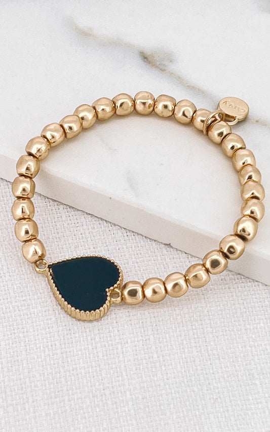 Envy Gold Stretch Bead Bracelet with Black Heart