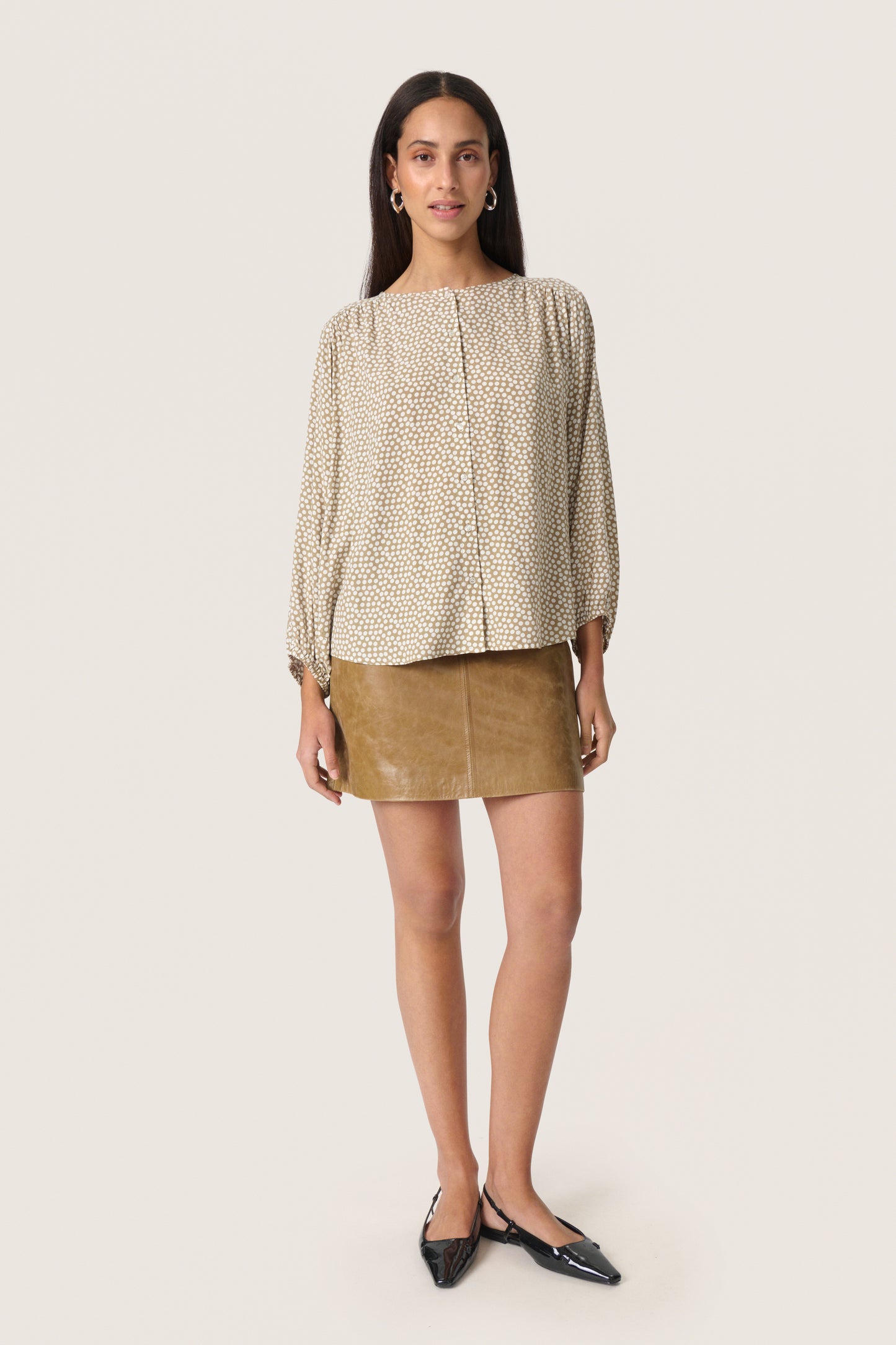 Soaked in Luxury Arjana Leodora Blouse | Khaki Green & White Dots