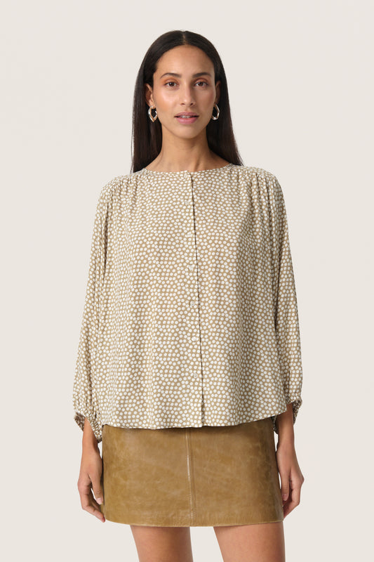 Soaked in Luxury Arjana Leodora Blouse | Khaki Green & White Dots