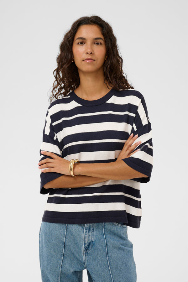 Soaked in Luxury Spina Boxy Structure Pullover | India Ink & White Stripe