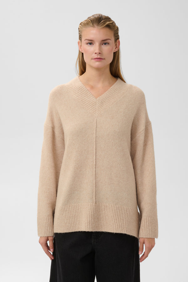 Soaked in Luxury Bean V-Neck Pullover | Wood Ash Melange