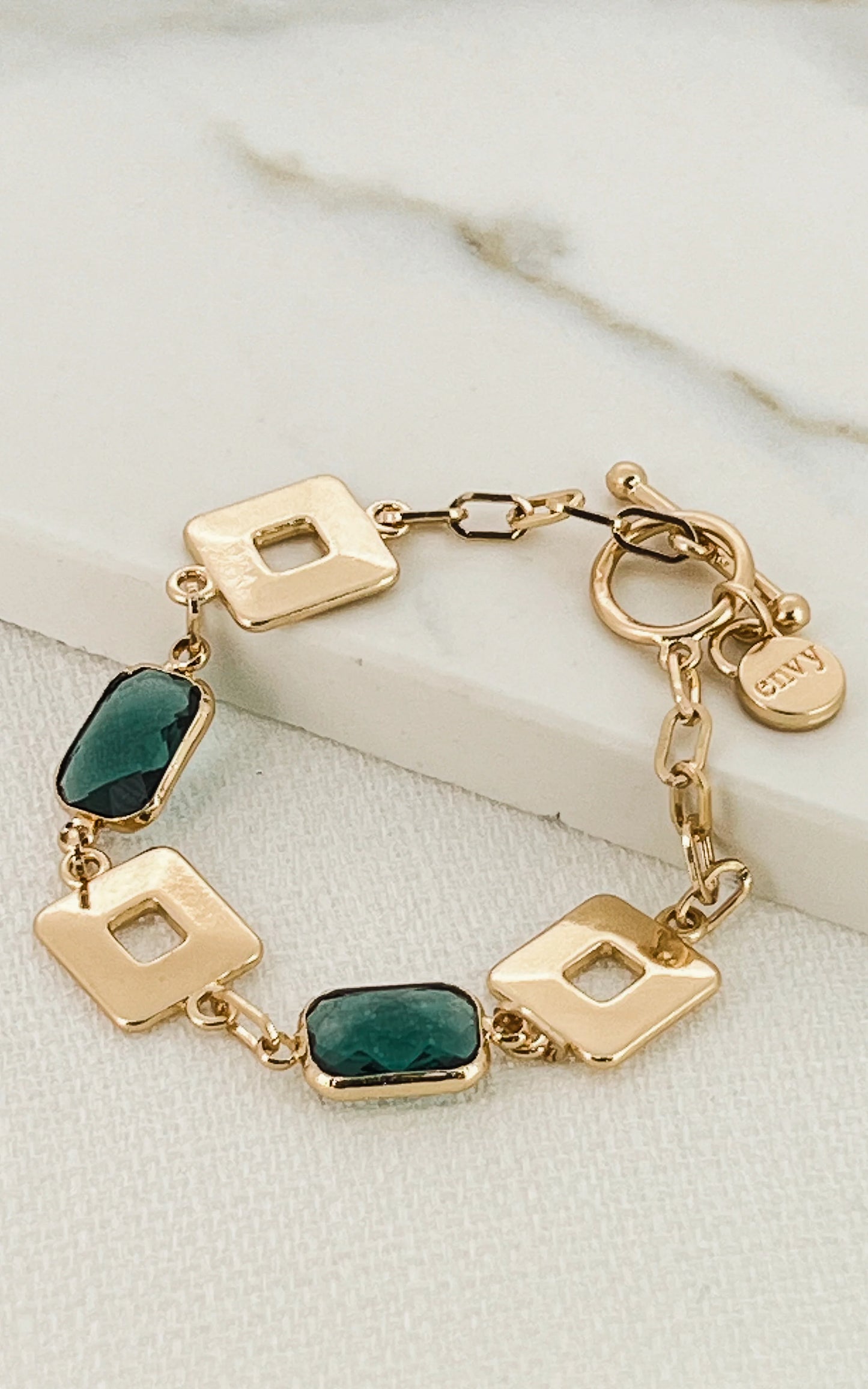 Envy Gold Square Link Bracelet with Green Crystals
