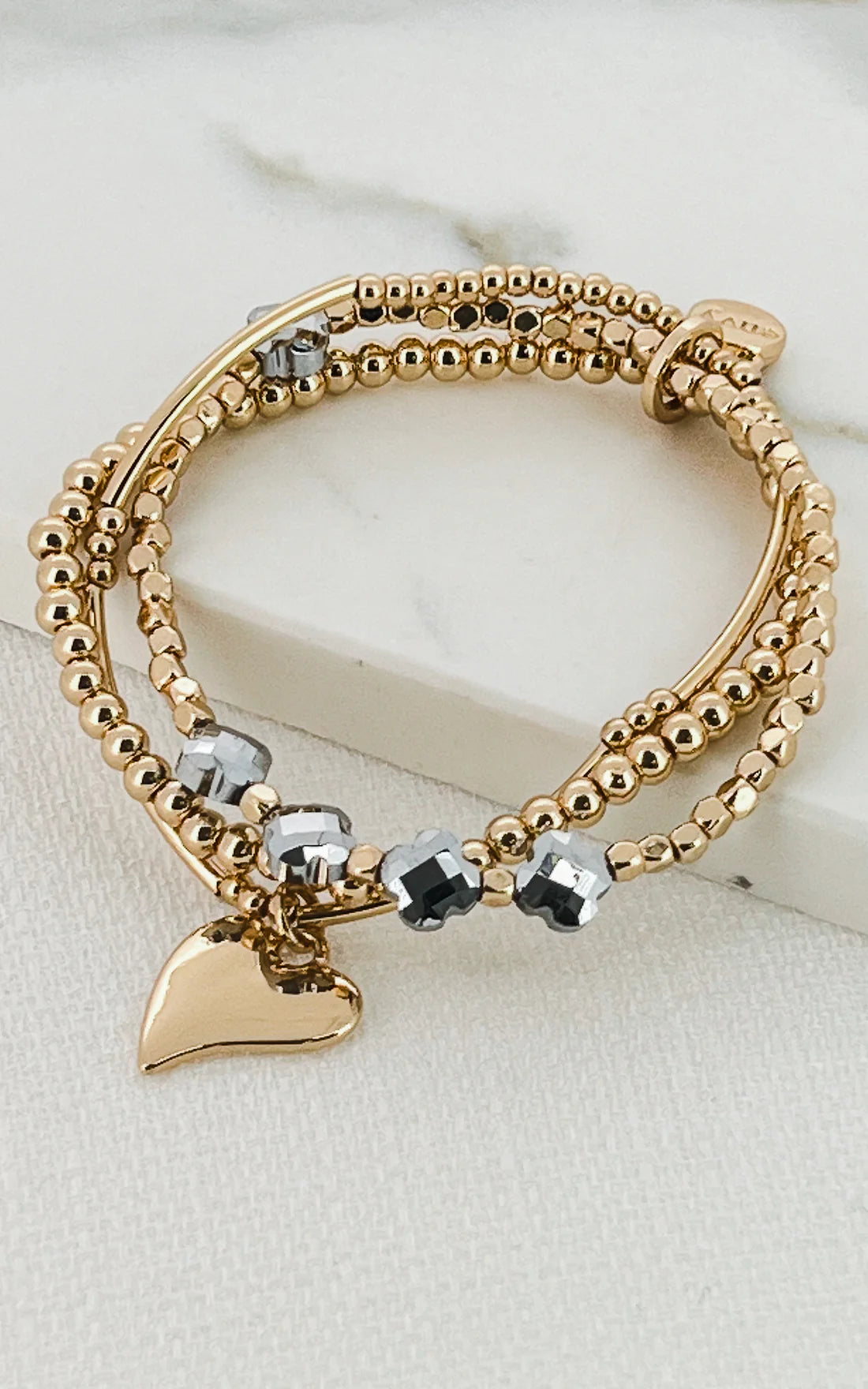 Envy Gold and Grey Crystal Triple Layer Stretch Bracelet with Heart Pendant