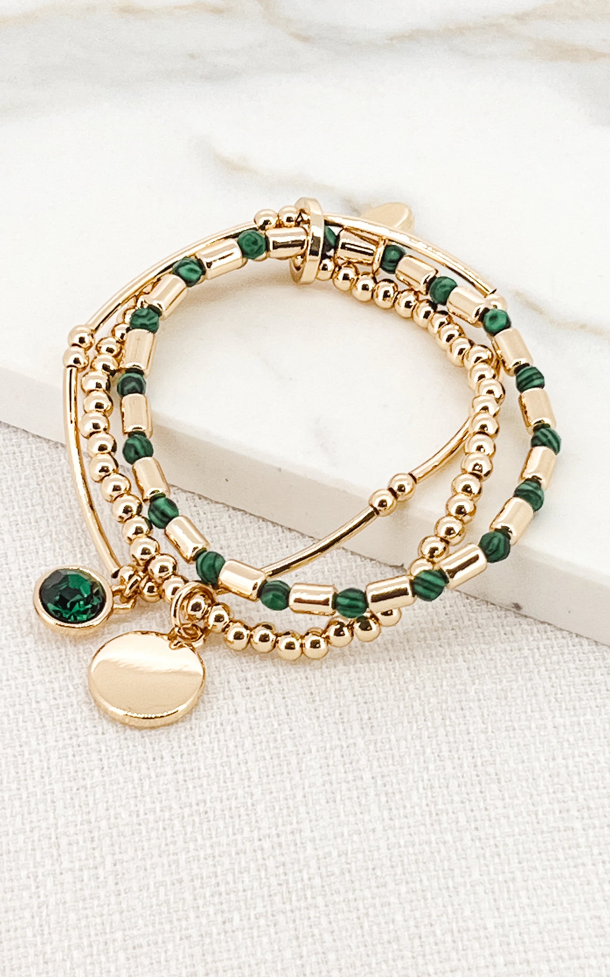 Envy Gold Triple Layer Stretch Bracelet with Green Crystals