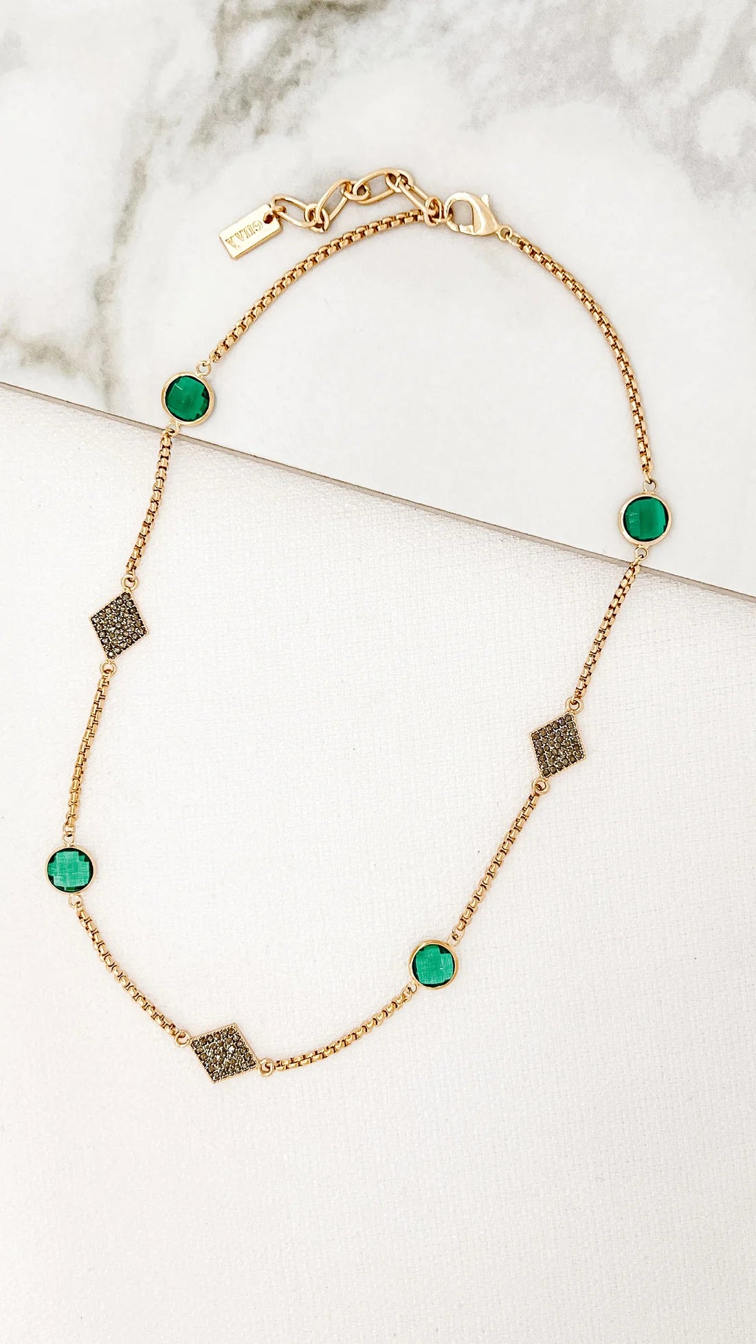 Envy Short Gold Necklace with Green Crystal and Diamante Pendants