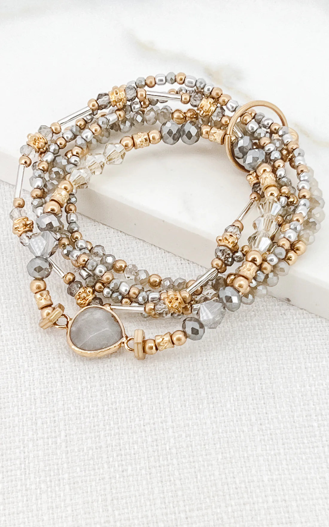Envy Gold Multi-Layer Stretch Bracelet with Grey Glass Beads