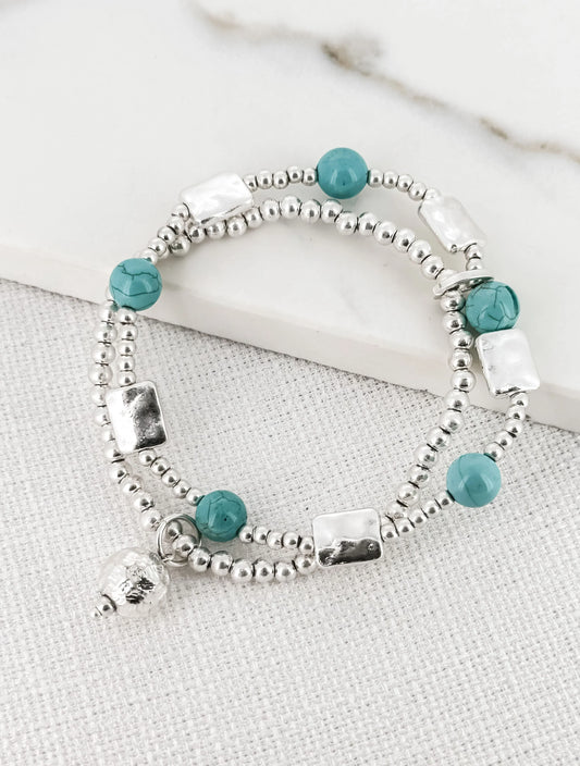 Envy Double Layer Silver and Turquoise Bead Bracelet with a Ball Charm