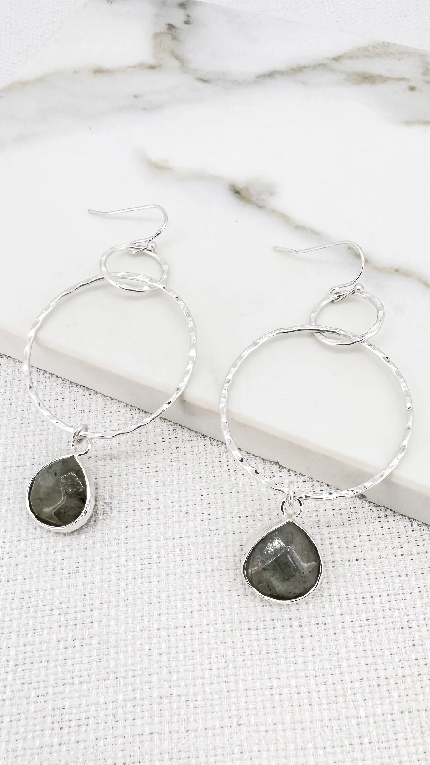 Envy Silver Hoop Earring with Grey Semi Precious Stone dropper