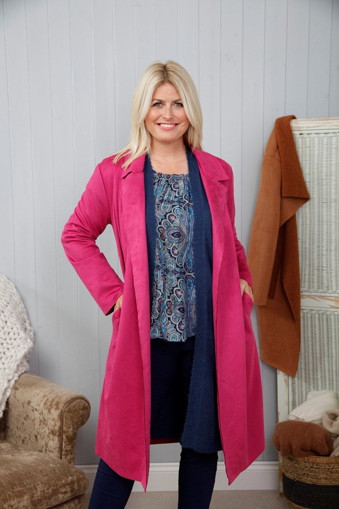 Long Collared Duster Coat in Berry