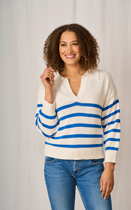 Luella Henley Collared V-Neck Cotton Jumper in ivory and blue stripe