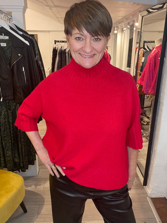 Turtle Neck Boxy 3/4 Sleeve Knitted Jumper in Red